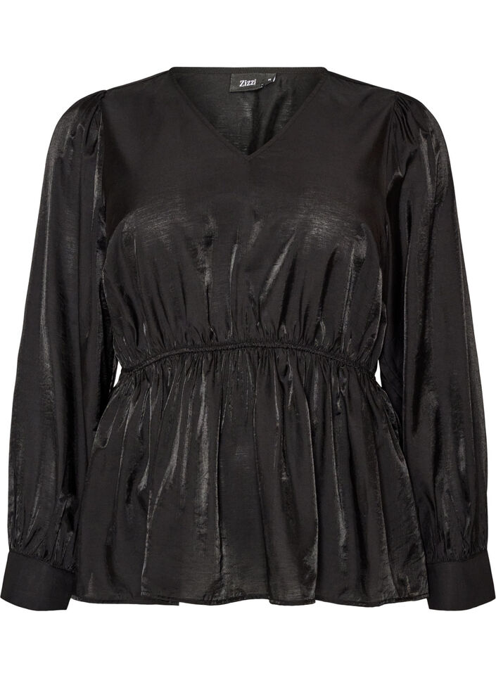 Kiilt&auml;v&auml; viskoosipusero peplum-efektill&auml;, Musta, Packshot image number 0