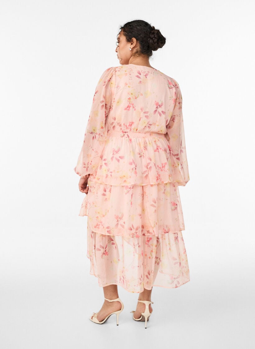 Kukkakuosinen midimekko sifonkista, smokkivy&ouml;t&auml;r&ouml;ll&auml;, Oranssi, Model image number 1