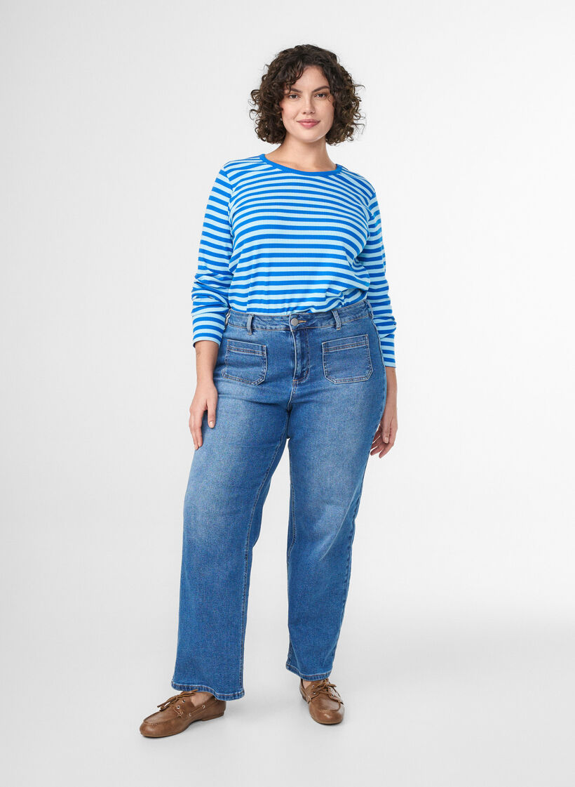 Raidallinen pusero pitkill&auml; hihoilla, Sininen, Model image number 1