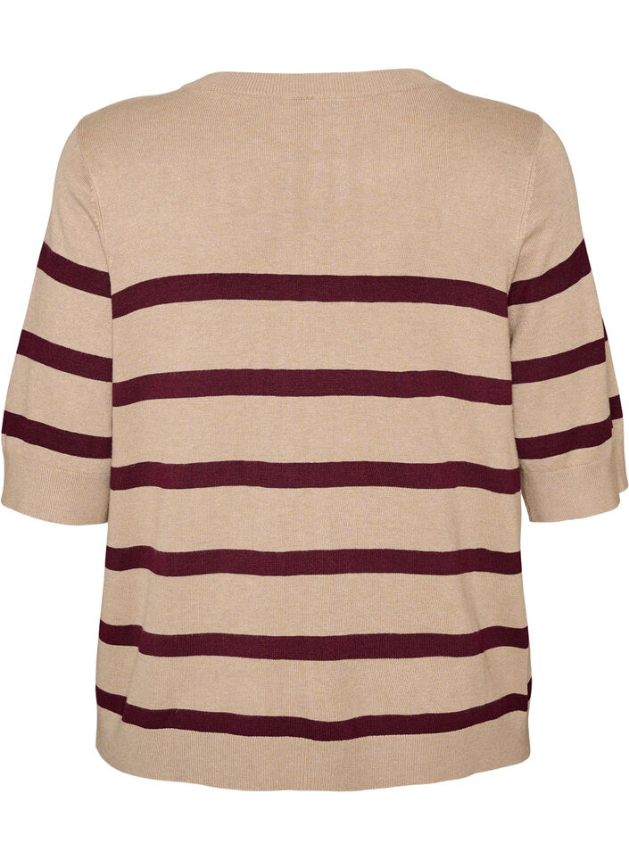 Raidallinen neulepaita lyhyill&auml; hihoilla, Beige, Packshot image number 1