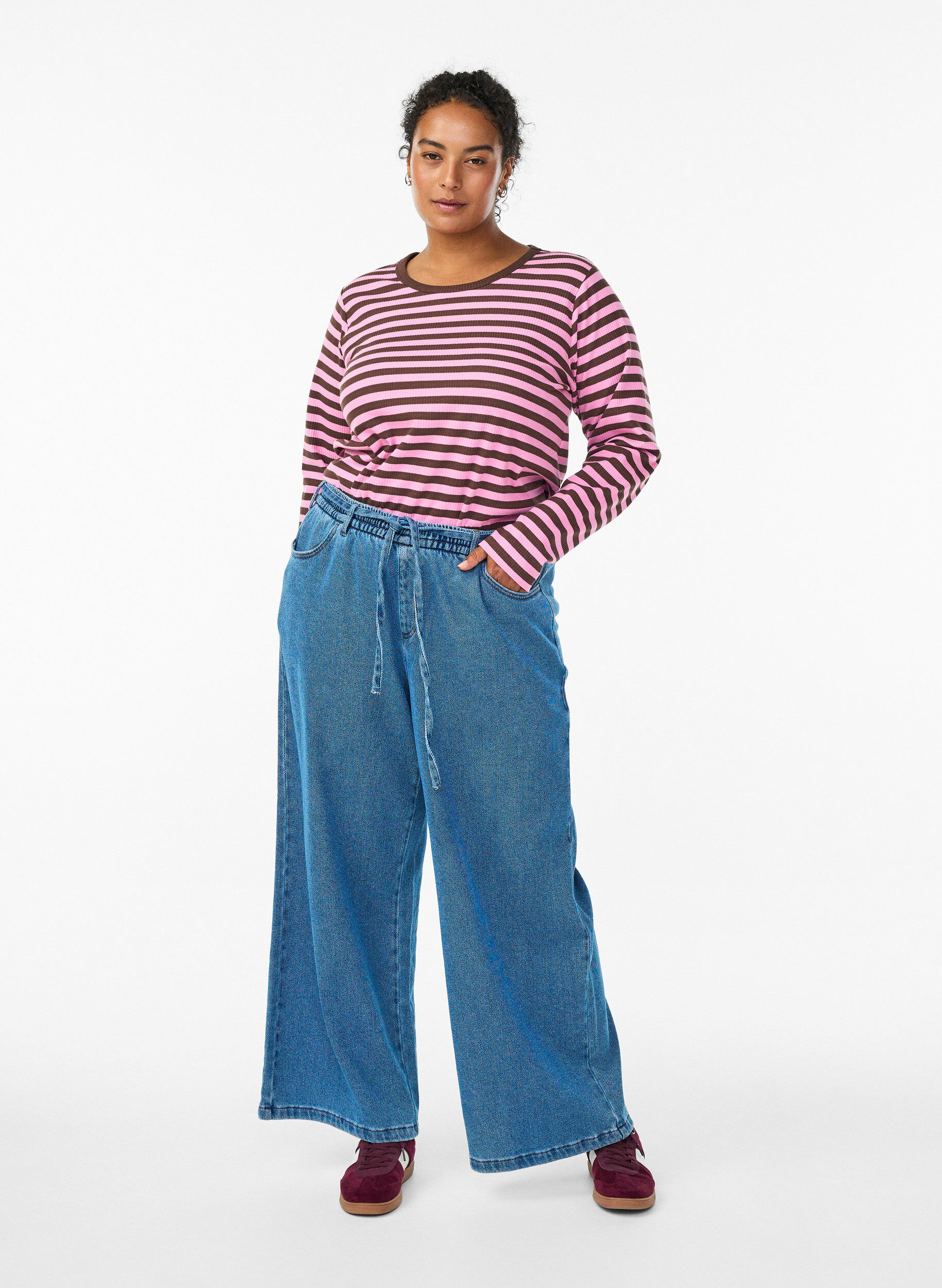 Zizzi Raidallinen pusero pitkill&auml; hihoilla, Tumma Bordeaux, Model image number 1