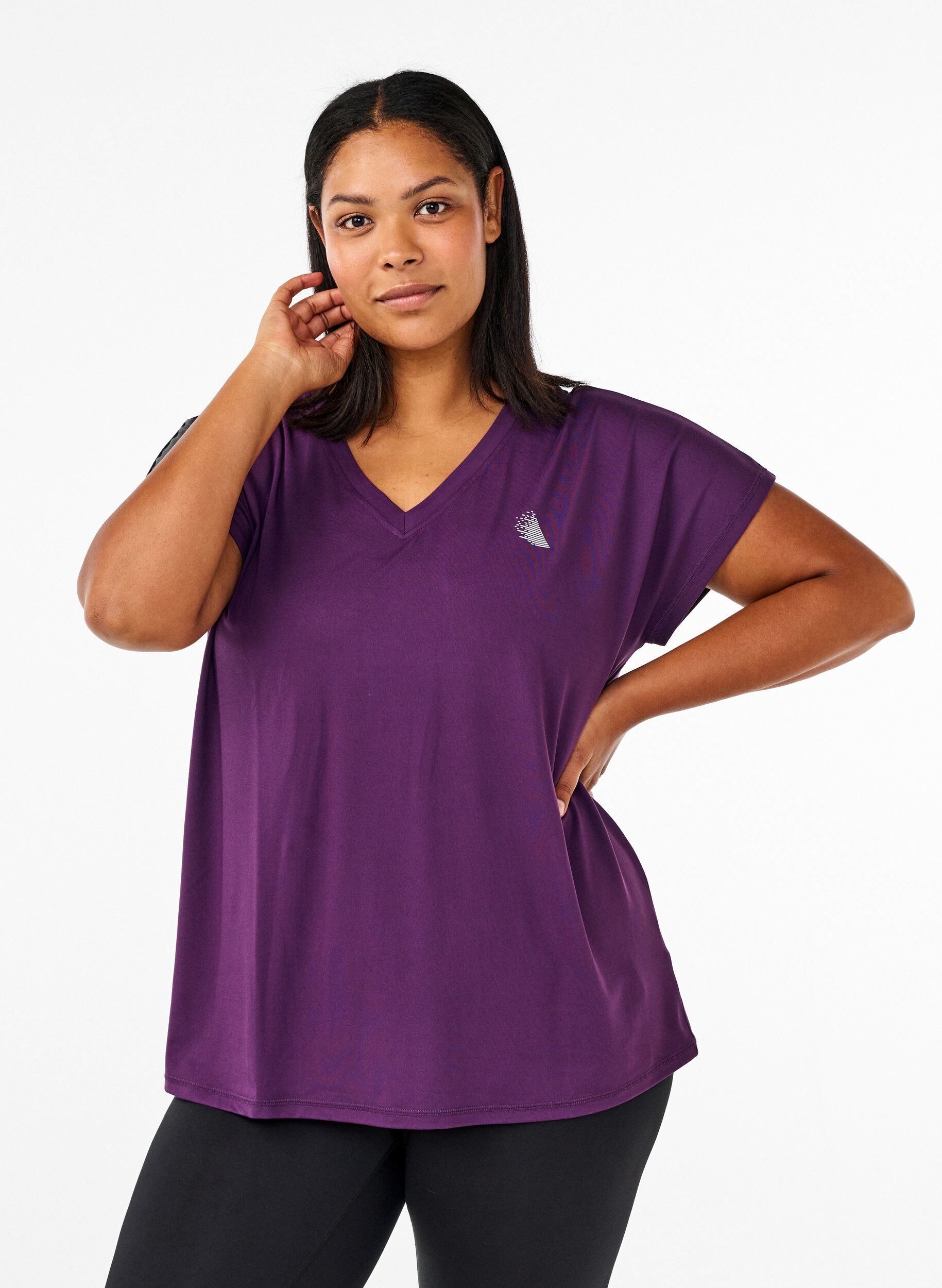 V&auml;lj&auml; treenipaita, jossa on V-p&auml;&auml;ntie, Violetti, Model