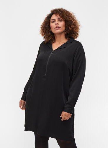 Pitkähihainen mekko kauluksella ja vetoketjulla , Black, Model image number 0