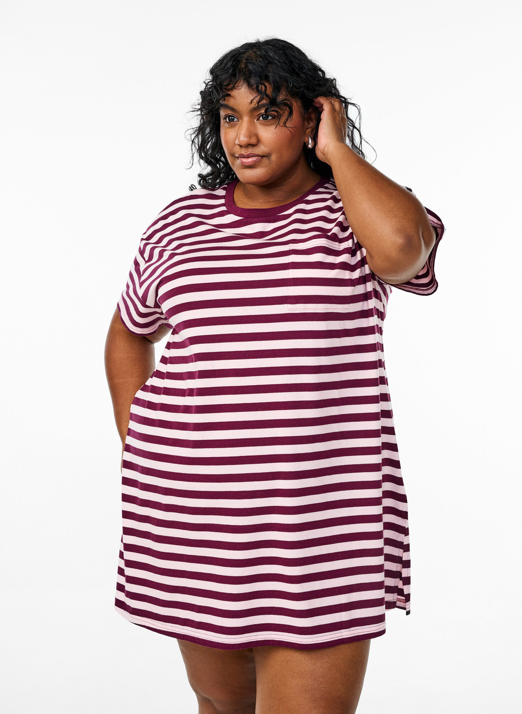 Zizzi Pitk&auml; raidallinen paituli luomupuuvillaa, Punainen, Model image number 0