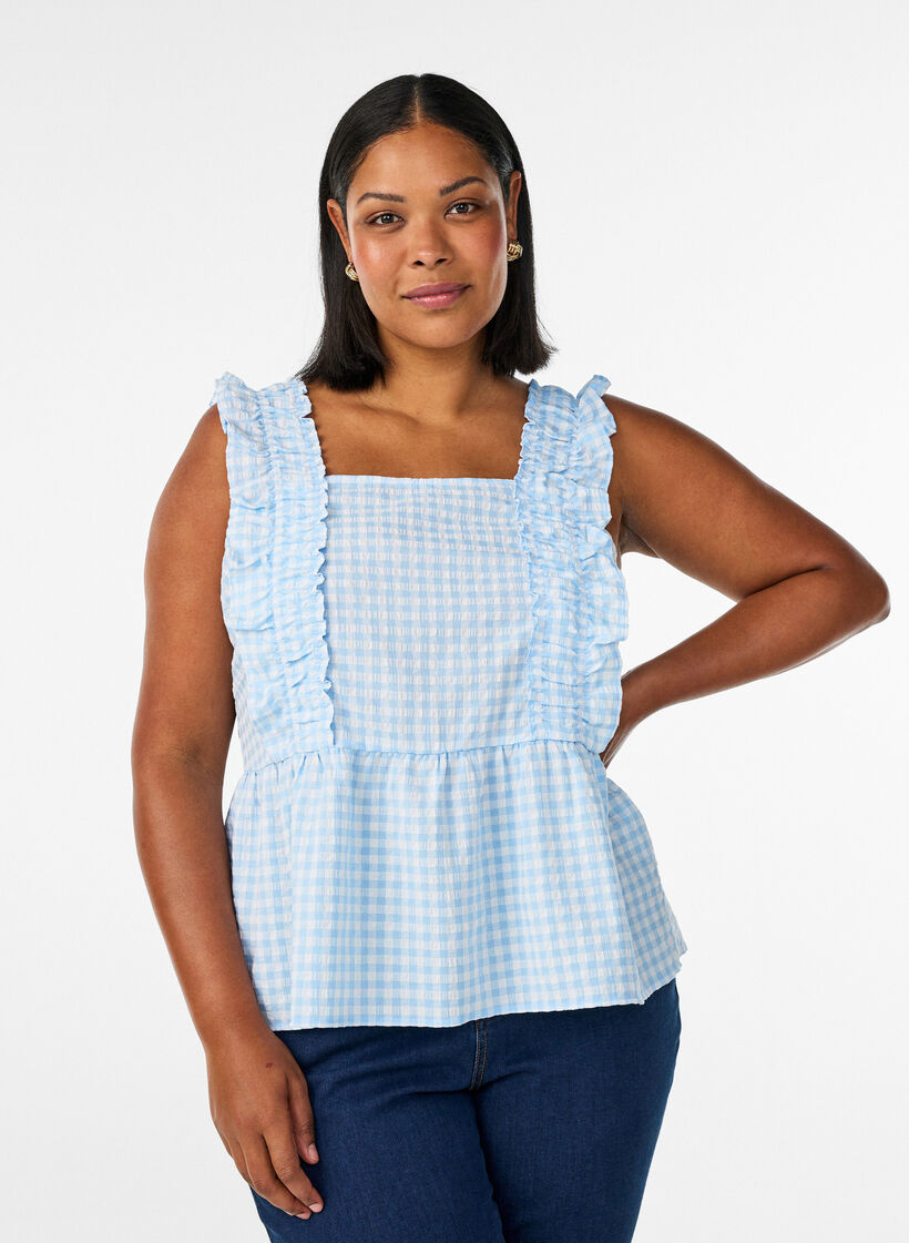 Ruudullinen toppi r&ouml;yhel&ouml;yksityiskohdilla, Sininen, Model image number 0