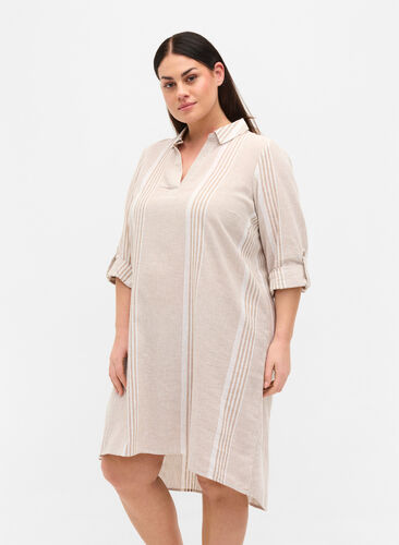 Puuvillasta ja pellavasta valmistettu raidallinen mekko, White Taupe Stripe, Model image number 0