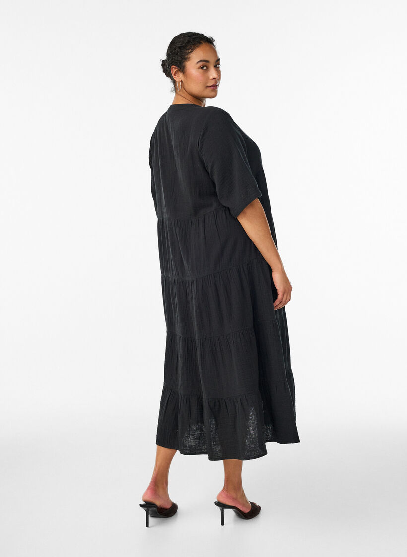 A-linjainen midimekko puuvillamusliinista, Musta, Model image number 2