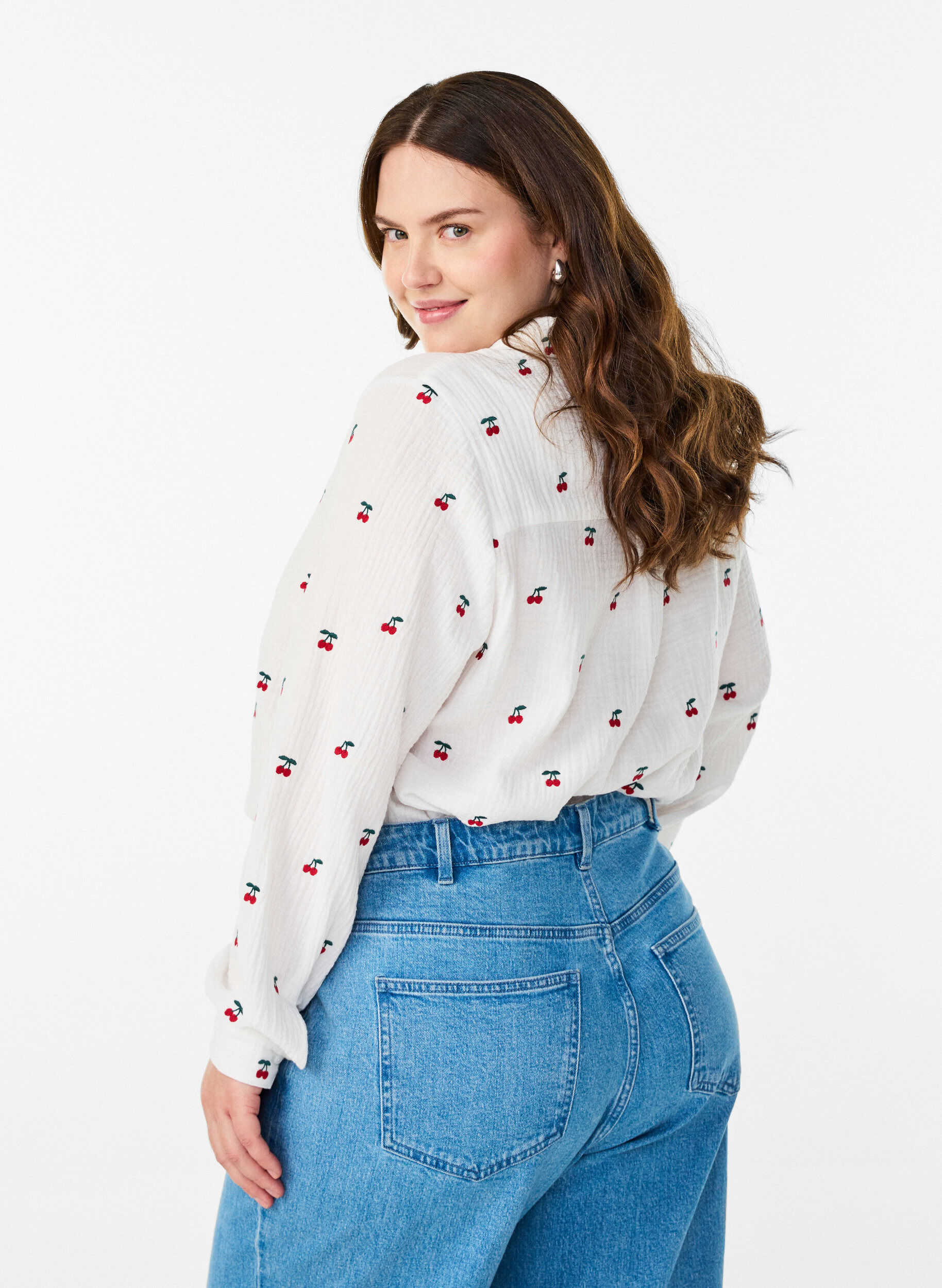 Zizzi Pitk&auml;hihainen puuvillamusliinipusero kirjailtuine kuvioineen, Vanilja, Model image number 2