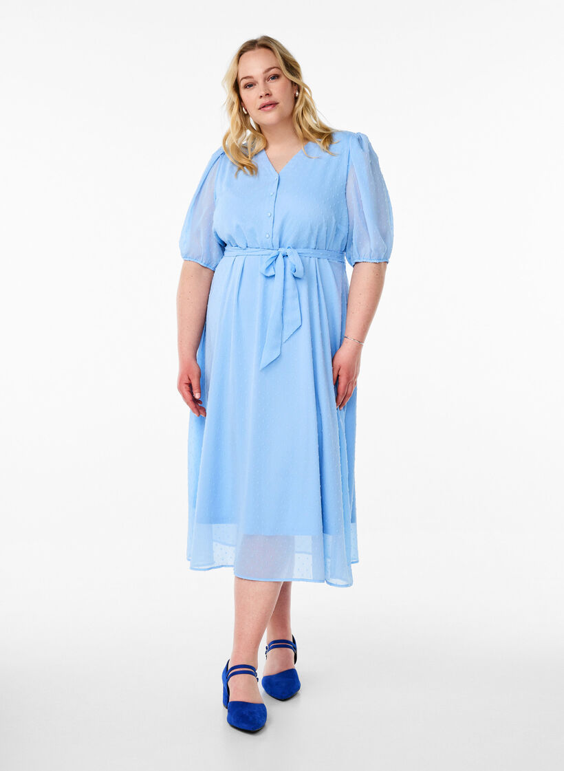 V-kaula-aukkoinen midimekko, jossa on solmimisnauha, Sininen, Model image number 0