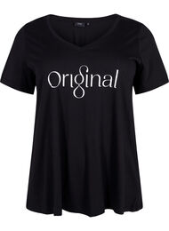 Puuvillainen t-paita tekstiprintillä ja v-pääntiellä, Black ORI