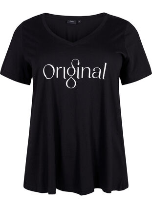 Puuvillainen t-paita tekstiprintillä ja v-pääntiellä, Black ORI, Packshot image number 0
