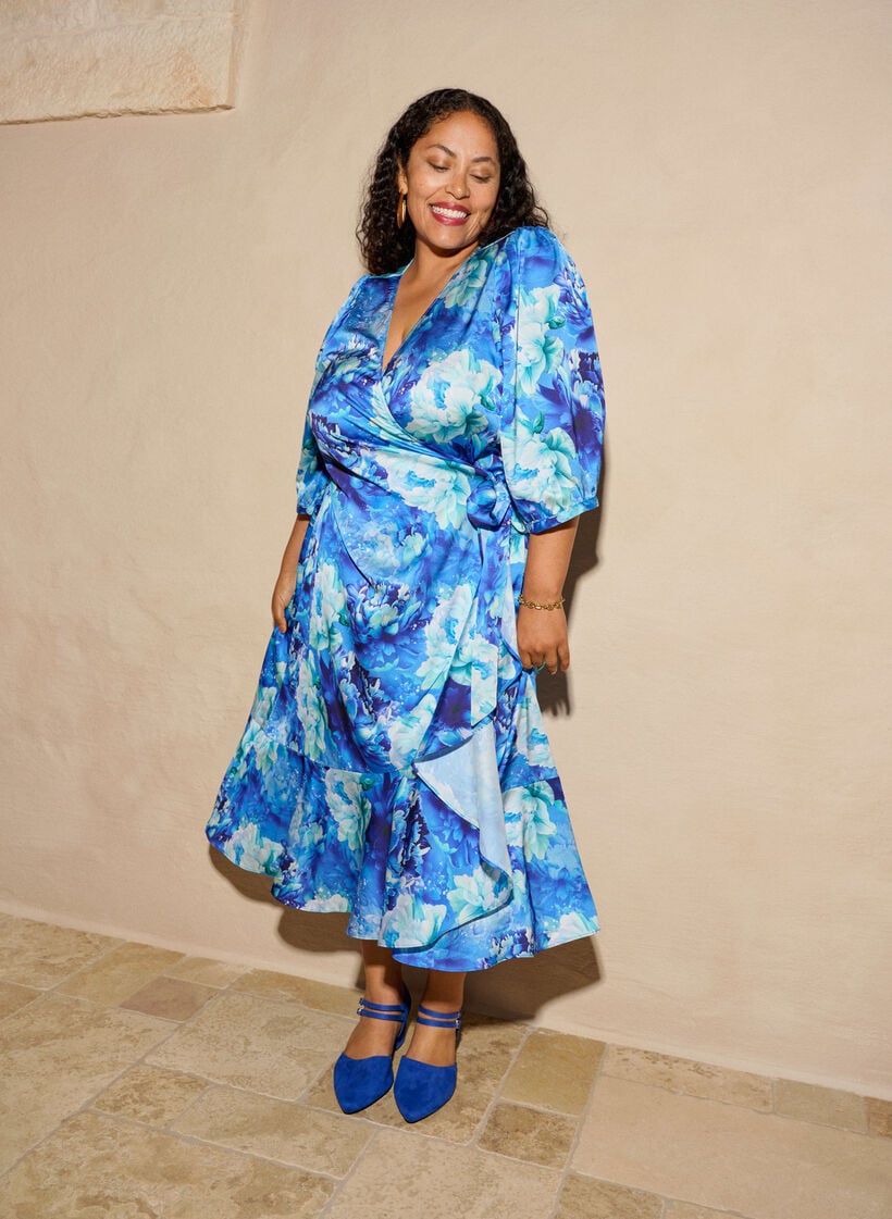 Kukkakuvioinen kietaisumekko 3/4-hihoilla, Sininen, Image image number 0