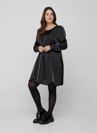 Kiiltävä mekko pitkillä puhvihihoilla, Black, Model image number 3