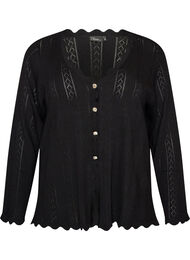 Cardigan with eyelet embroidery and wavy edges, Black