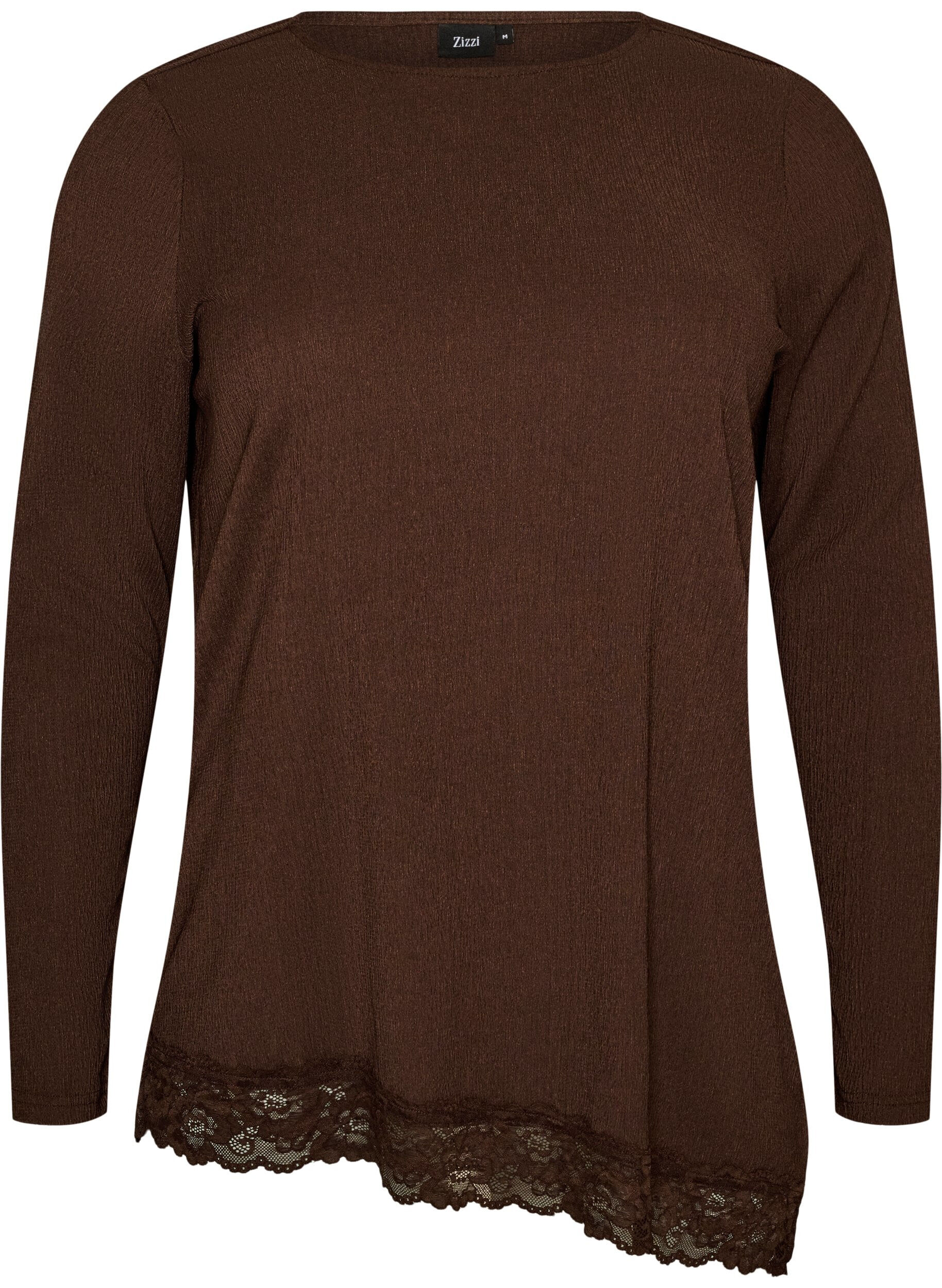 ZizziJerseypusero, jossa ep&auml;symmetrinen pitsireunus, Ruskea, Packshot image number 0