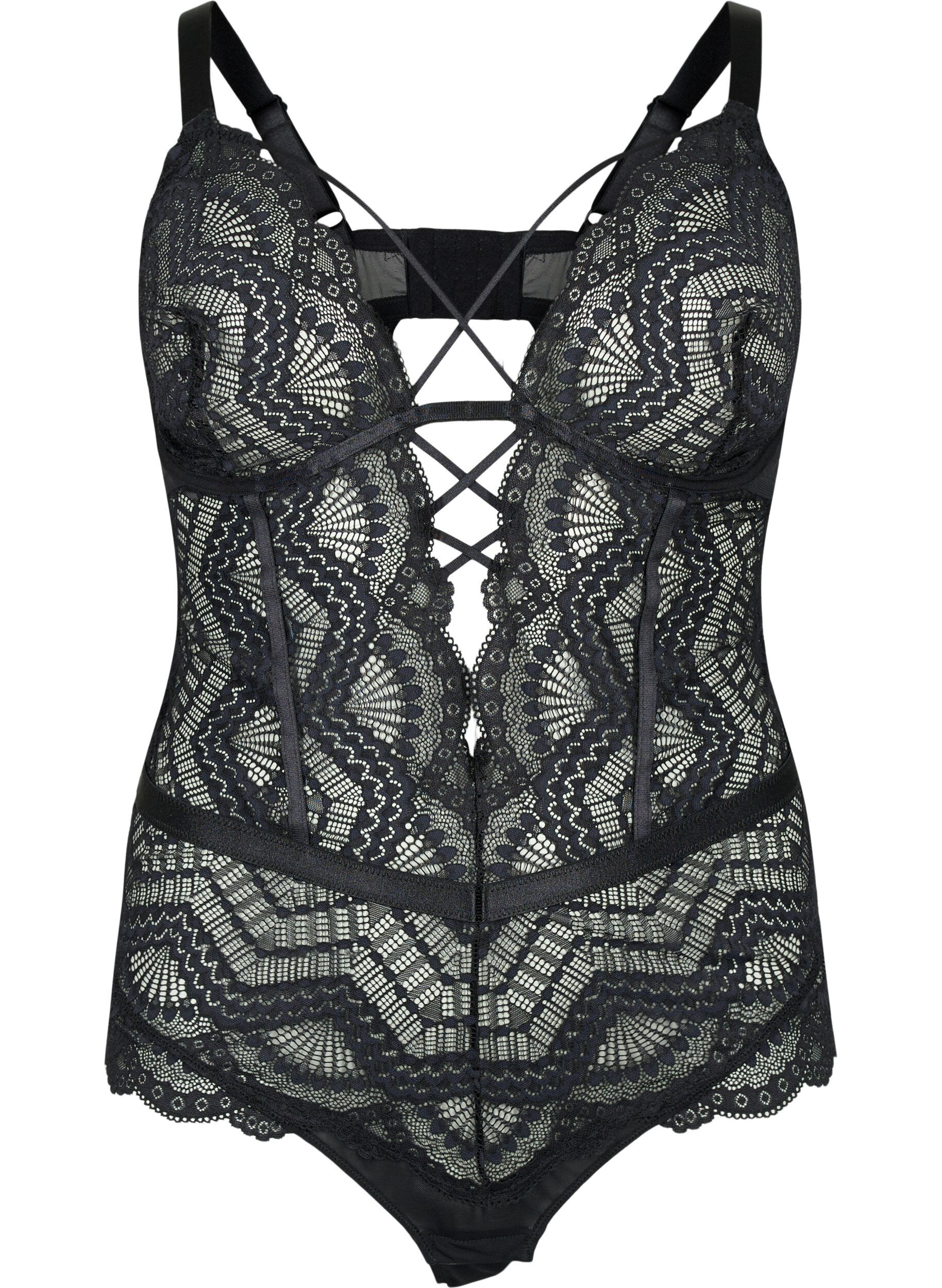 Zizzi Pitsinen bodystocking nauhoilla, Musta, Packshot image number 0