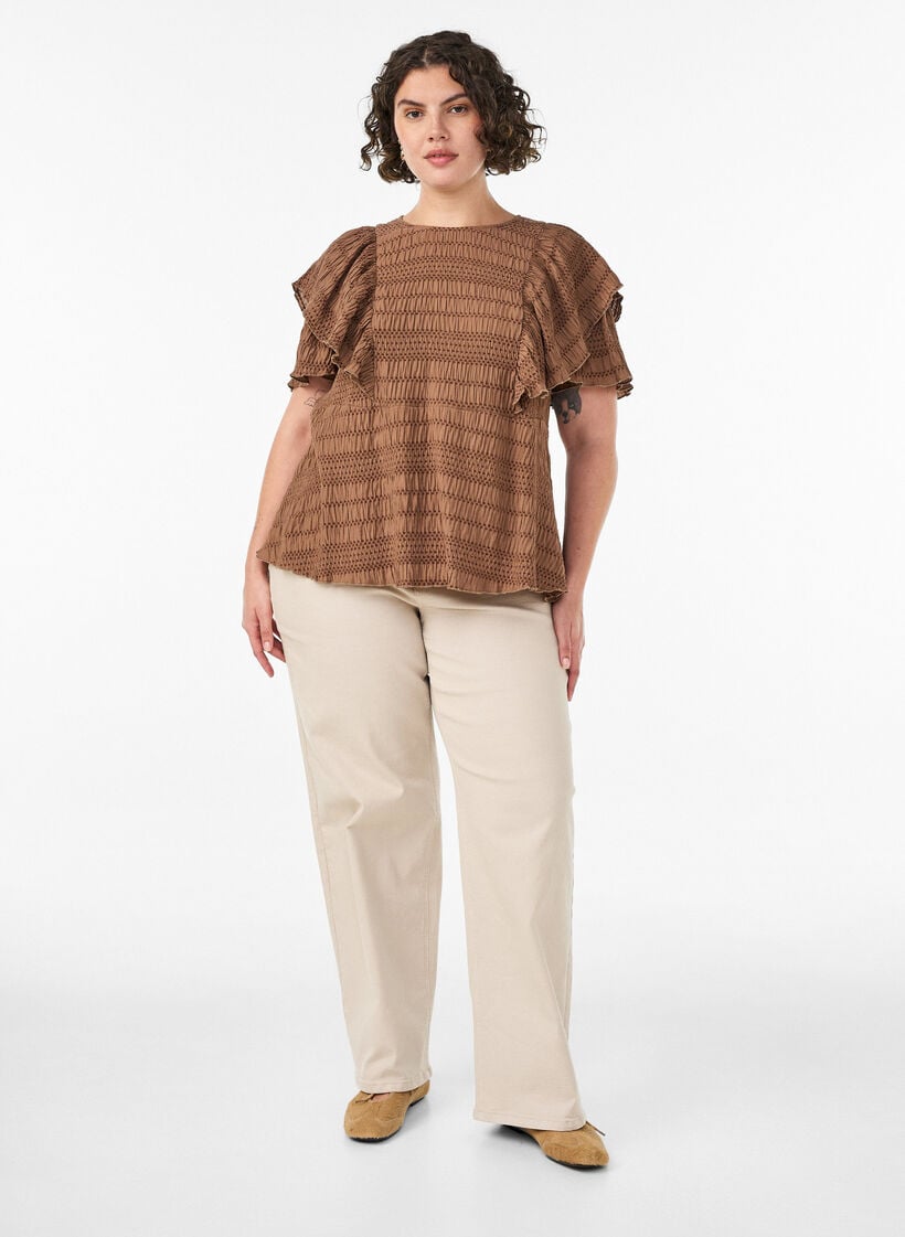 Pusero smock-tekstuurilla ja r&ouml;yhel&ouml;hihoilla, Ruskea, Model image number 1