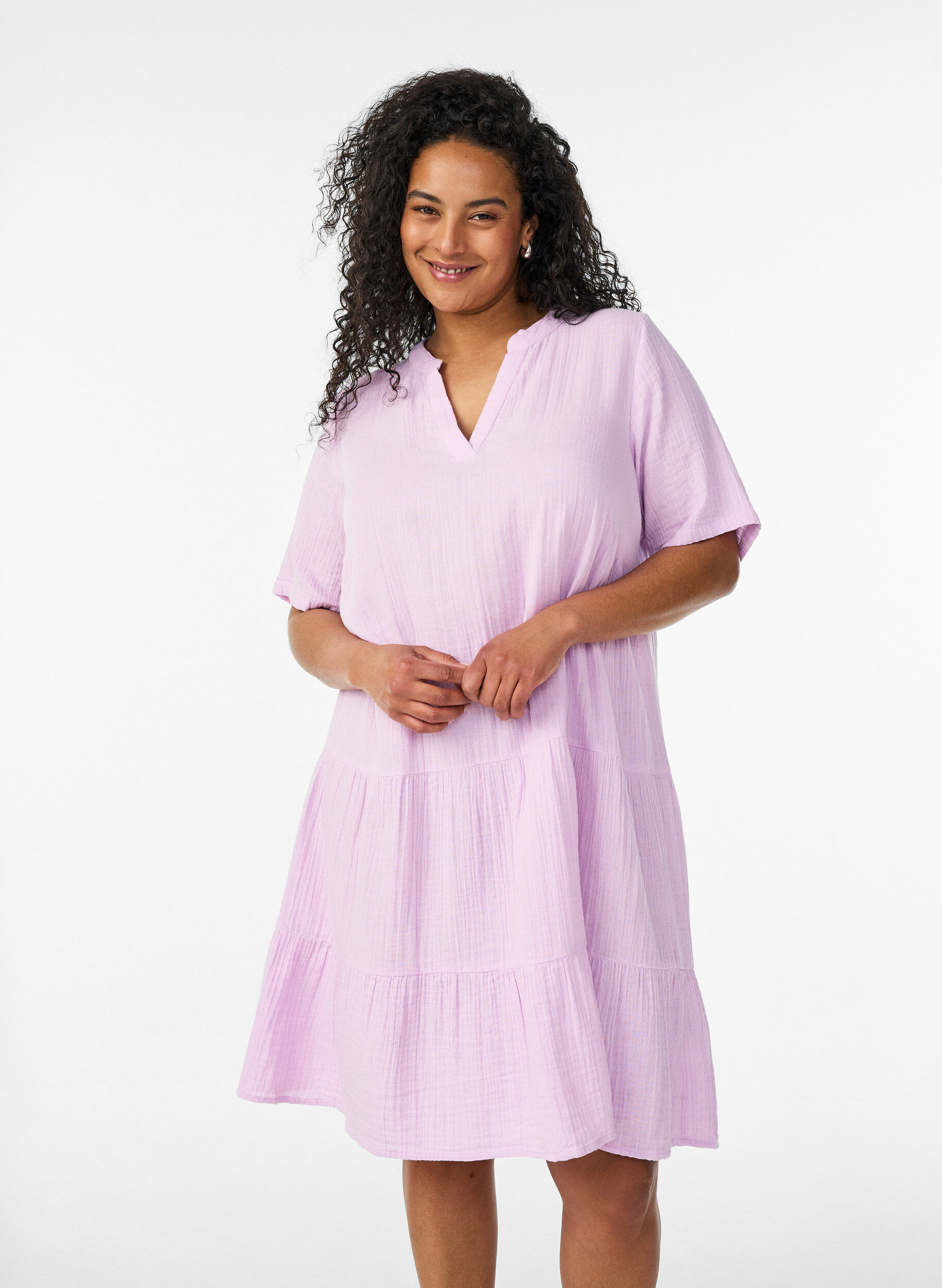 Lyhyt A-linjainen mekko puuvillamusliinista, Violetti, Model