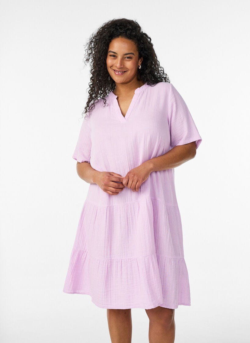 Lyhyt A-linjainen mekko puuvillamusliinista, Violetti, Model image number 0