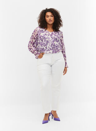 Kuosillinen, v-aukkoinen pusero pitkillä hihoilla, Beige/Purple Flower, Model image number 2