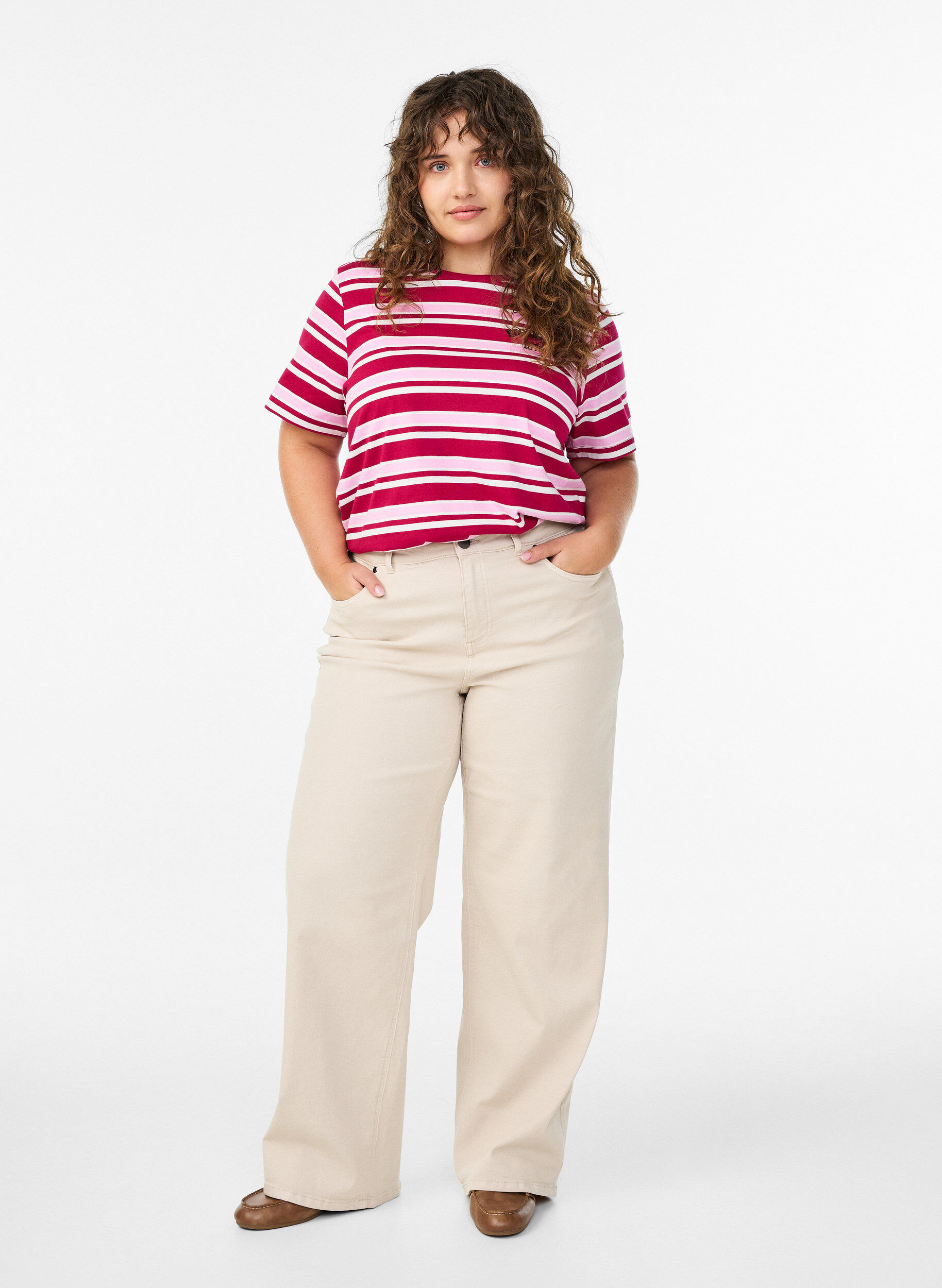 Zizzi Puuvillainen raidallinen t-paita, Vaaleanpunainen, Model image number 1