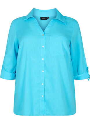 Puuvilla-pellavasekoitteinen paitapusero, jossa on napitus, Blue Atoll, Packshot image number 0