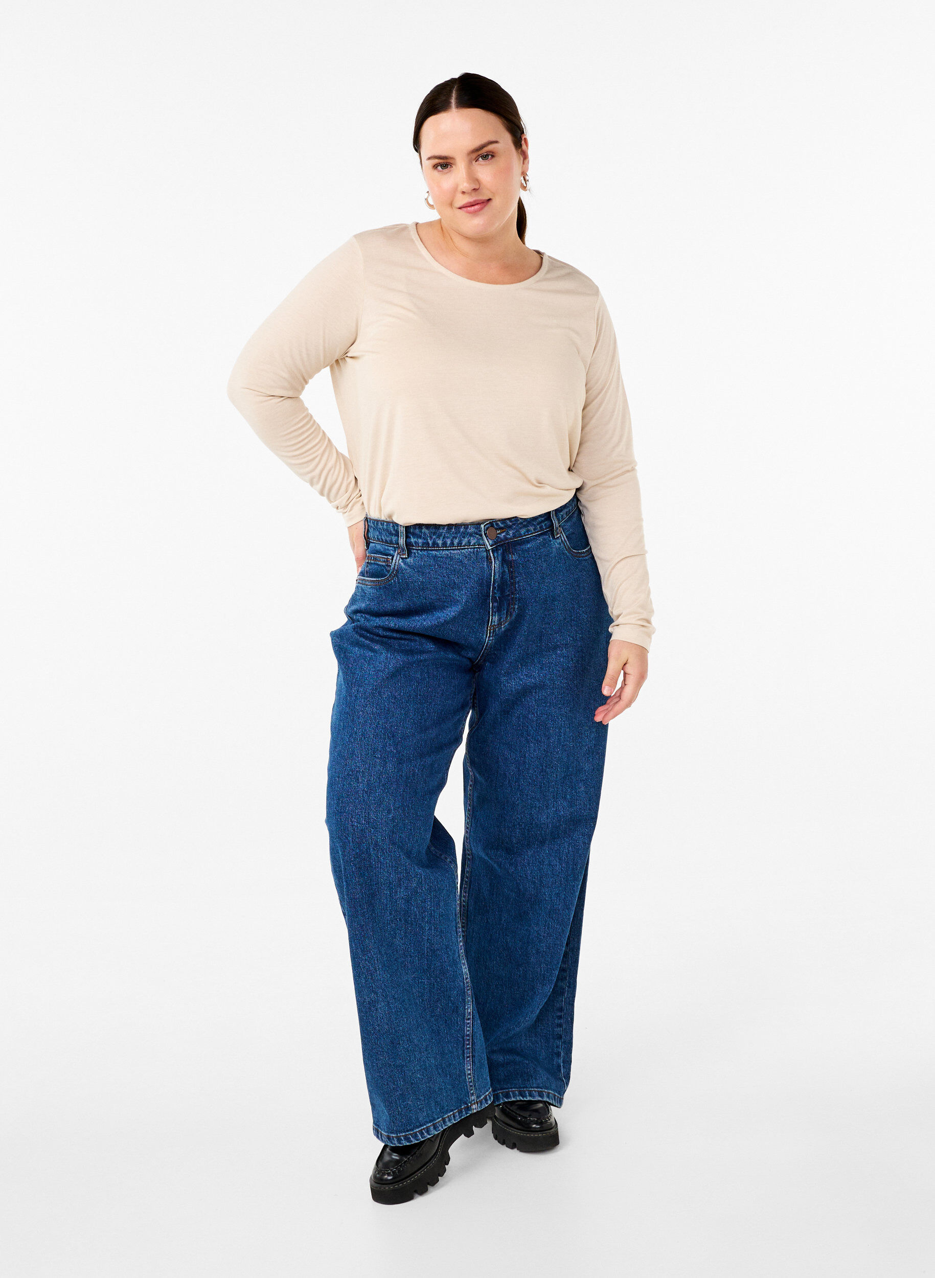 Zizzi Pitk&auml;hihainen T-paita, jossa py&ouml;re&auml; p&auml;&auml;ntie, Oatmeal Mel., Model image number 2