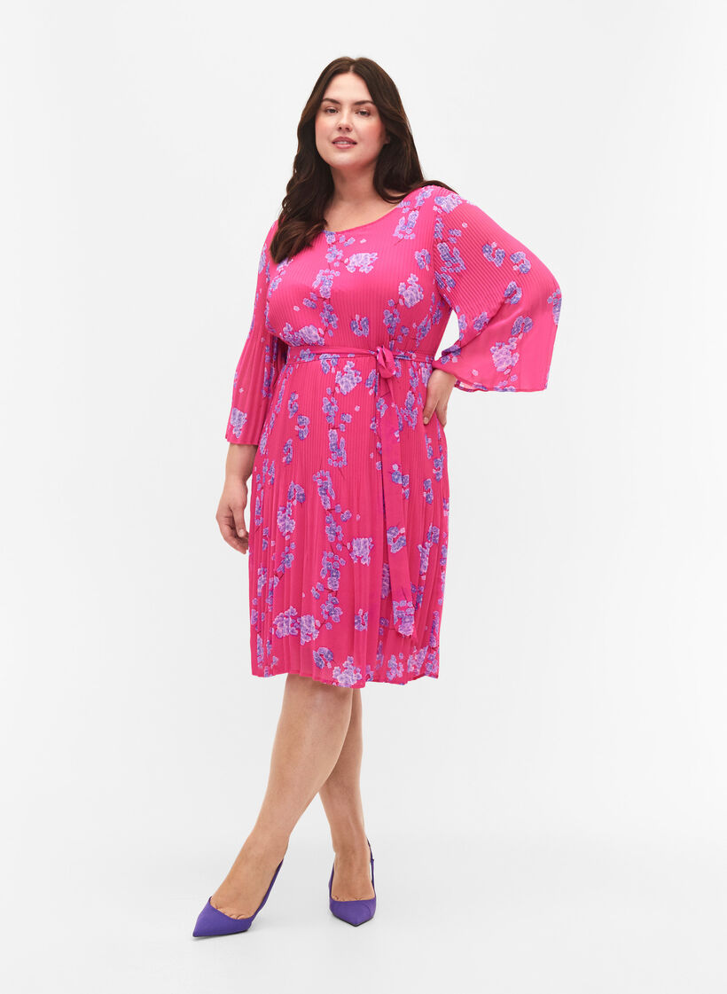 Pliseerattu mekko nauhalla, Beetroot Purple AOP, Model image number 2