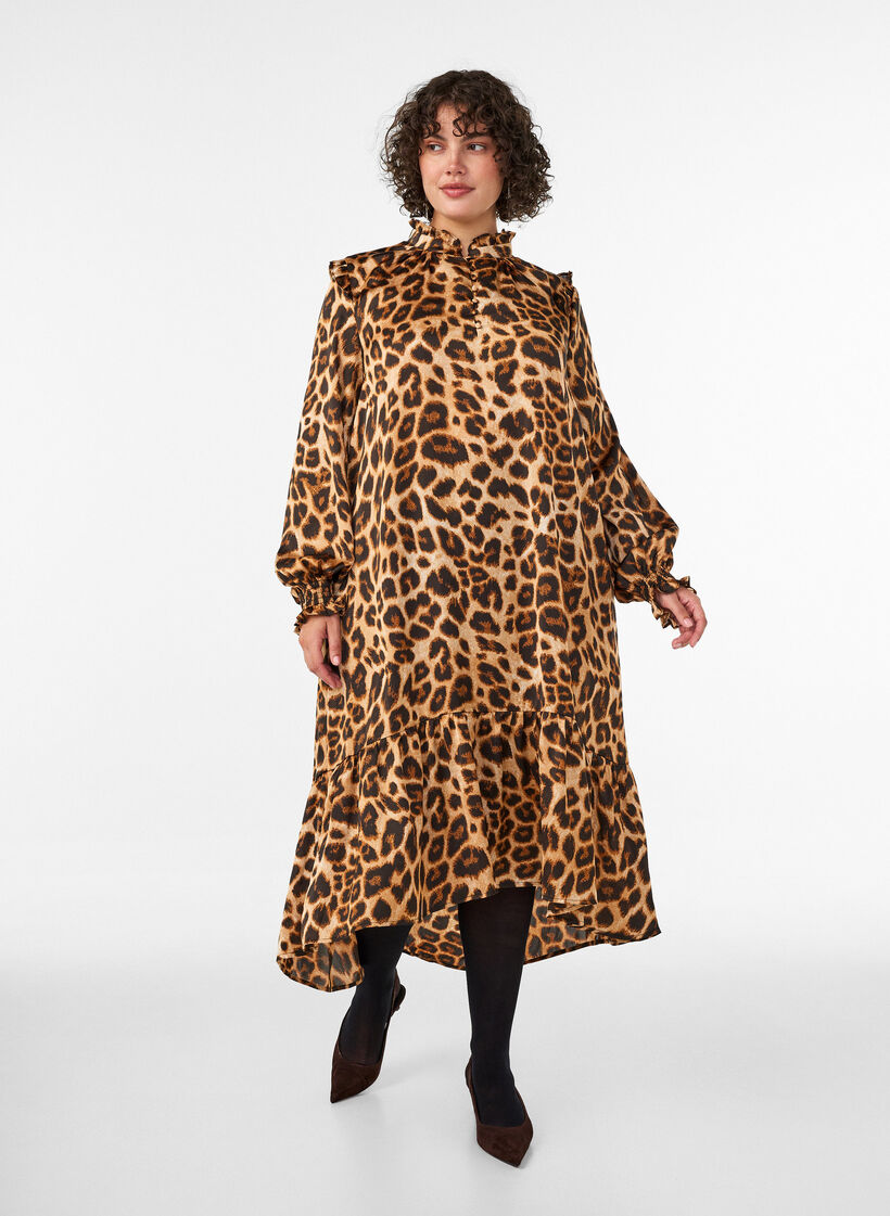 Mekko leopardikuosilla ja r&ouml;yhel&ouml;yksityiskohdilla, Ruskea, Model image number 0