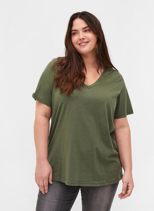 T-paita ekologisesta puuvillasta v-aukolla, Thyme, Model image number 0