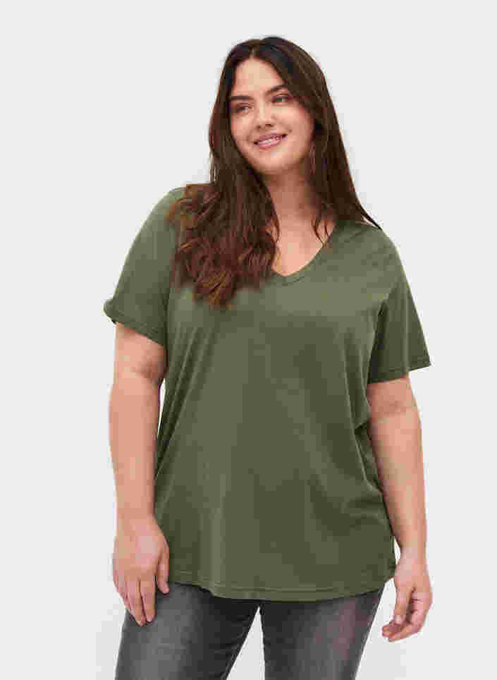T-paita ekologisesta puuvillasta v-aukolla, Thyme, Model