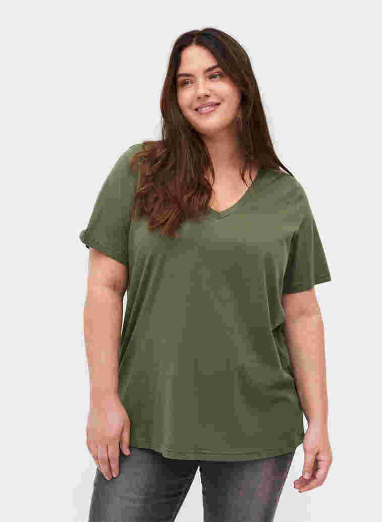 T-paita ekologisesta puuvillasta v-aukolla, Thyme, Model