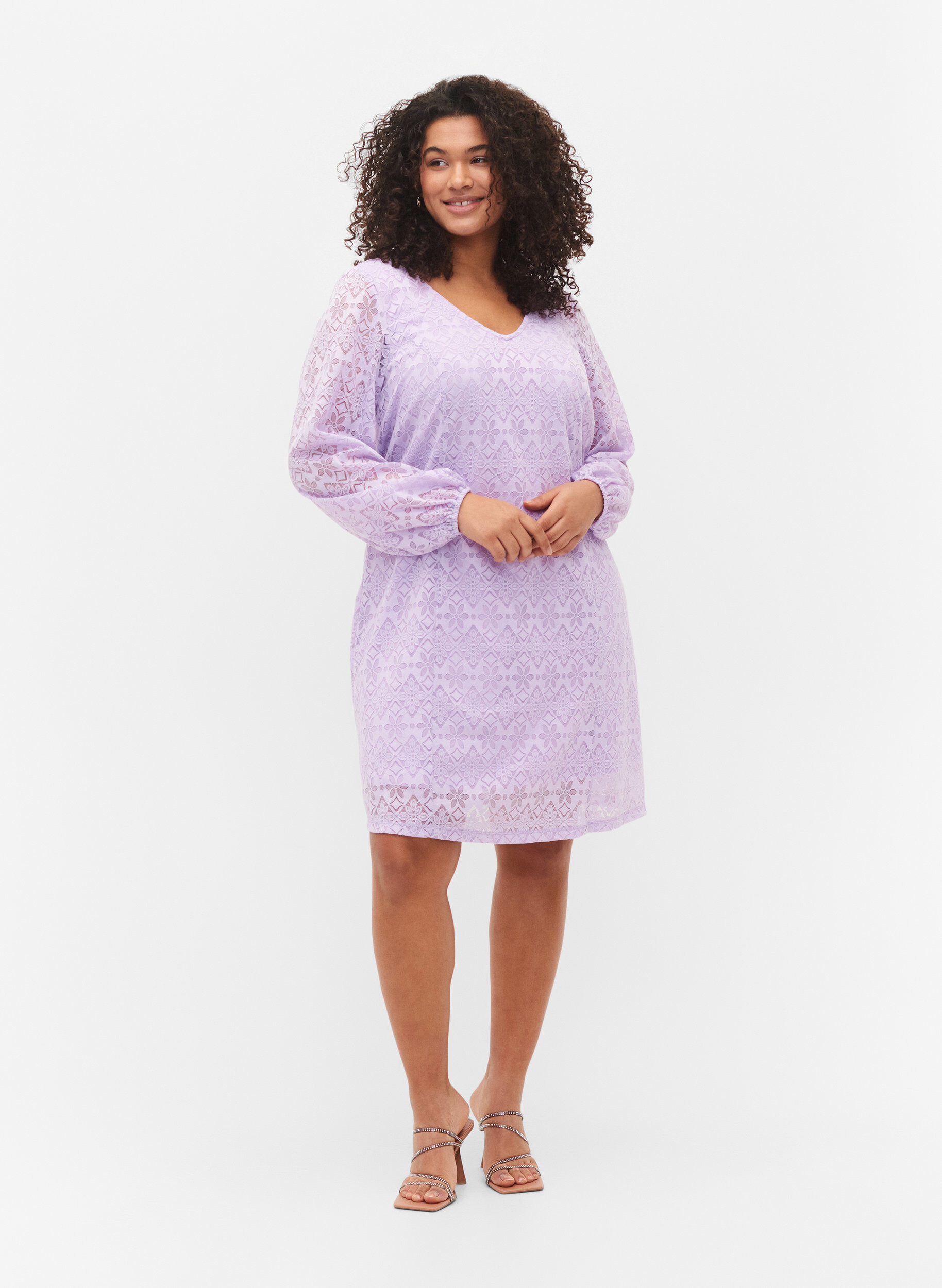 ZizziPitk&auml;hihainen pitsimekko v-p&auml;&auml;ntiell&auml;, Pastel Lilac, Model image number 3