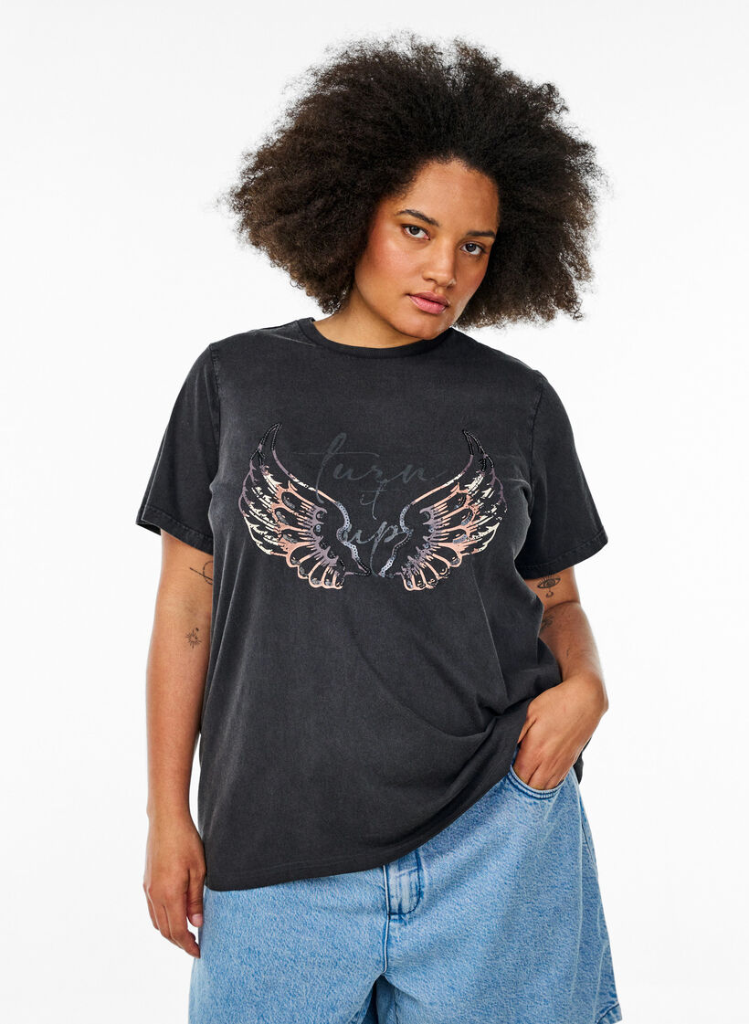 T-paita orgaanisesta puuvillasta näyttävällä printillä, Harmaa, Model image number 0