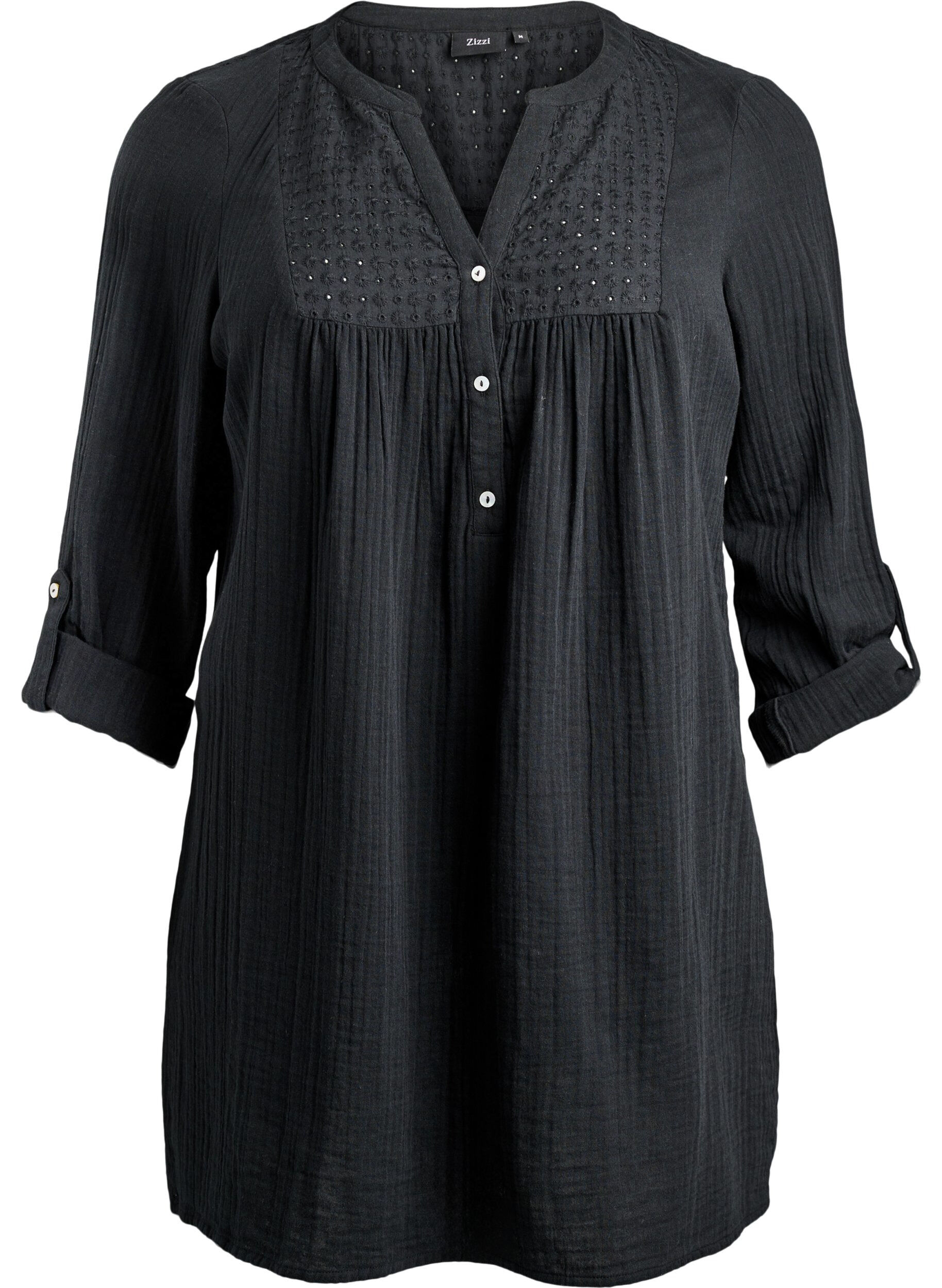 Zizzi Puuvillamusliinitunika brodeeratulla pitsill&auml;, Musta, Packshot image number 0