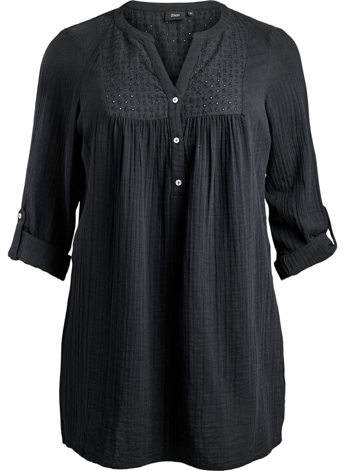 Puuvillamusliinitunika brodeeratulla pitsill&auml;, Musta, Packshot image number 0