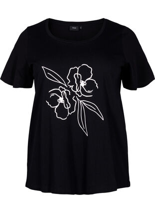 Kuvioitu puuvillainen T-paita, Black w. Flower, Packshot image number 0