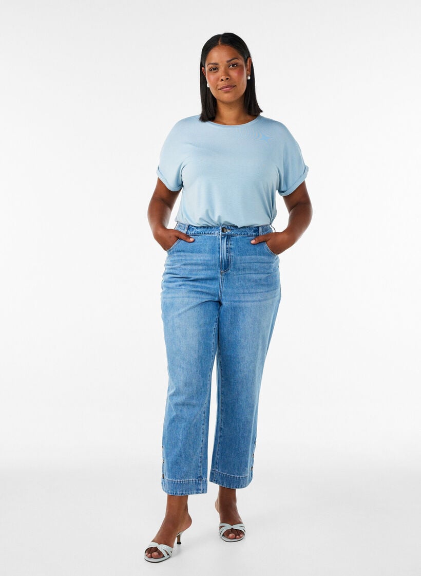 Viskoosi T-paita kimalle raidoilla, Sininen, Model image number 1