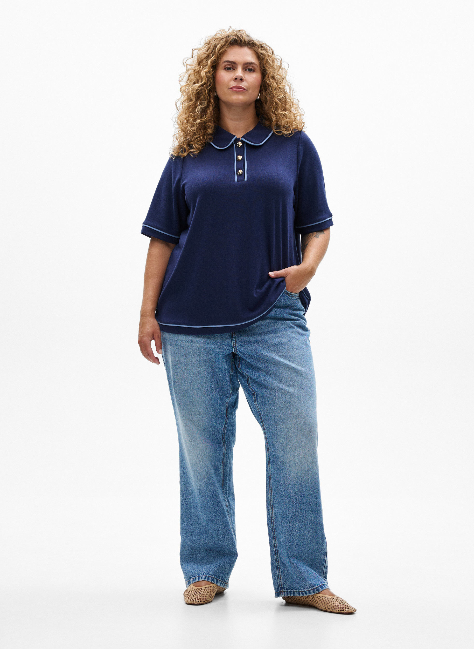 Zizzi Jersey-pikeepaita kontrastisomisteilla, Sininen, Model image number 1