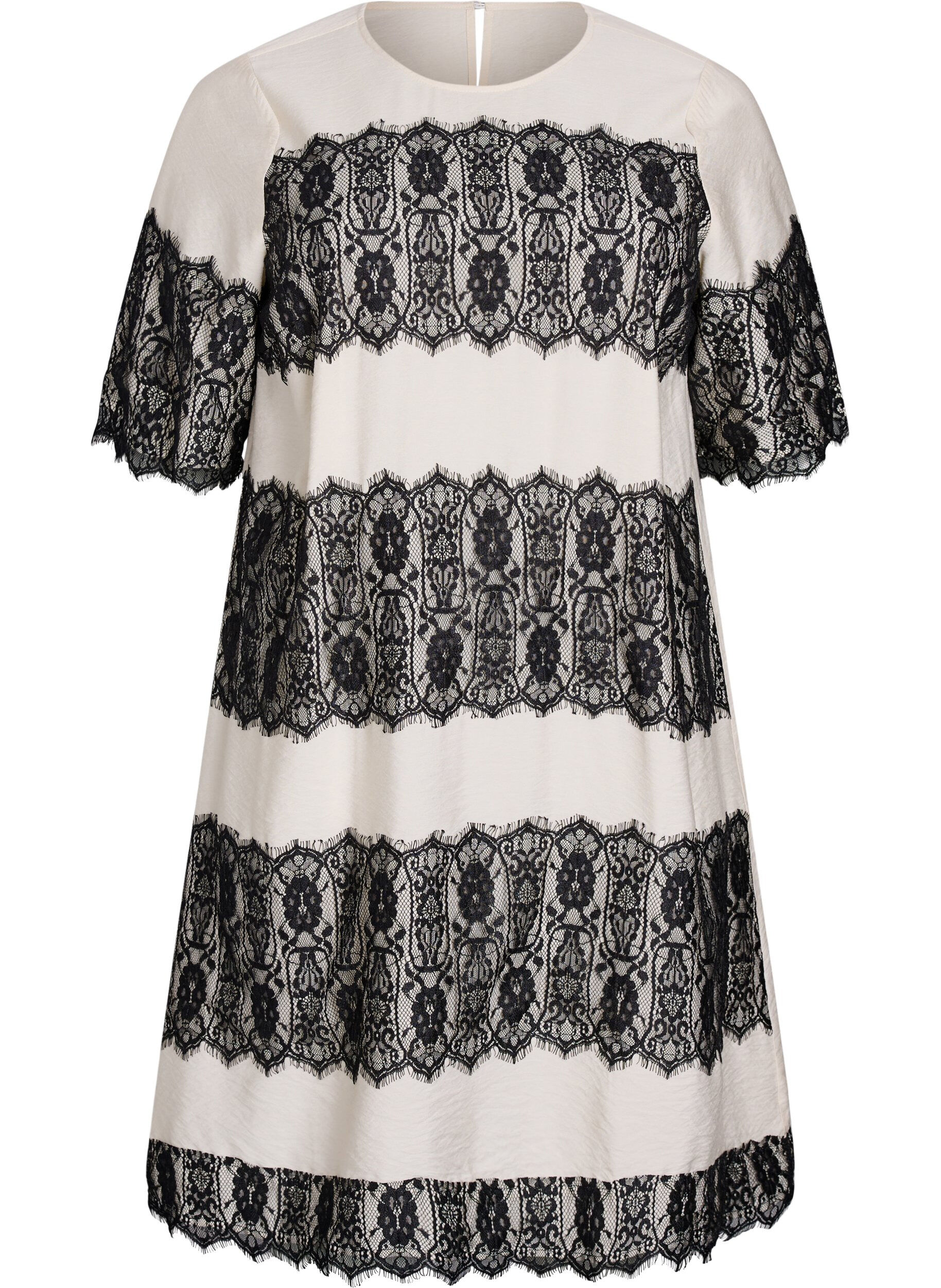 Lyhyt mekko kontrastiv&auml;risill&auml; pitsipaneeleilla