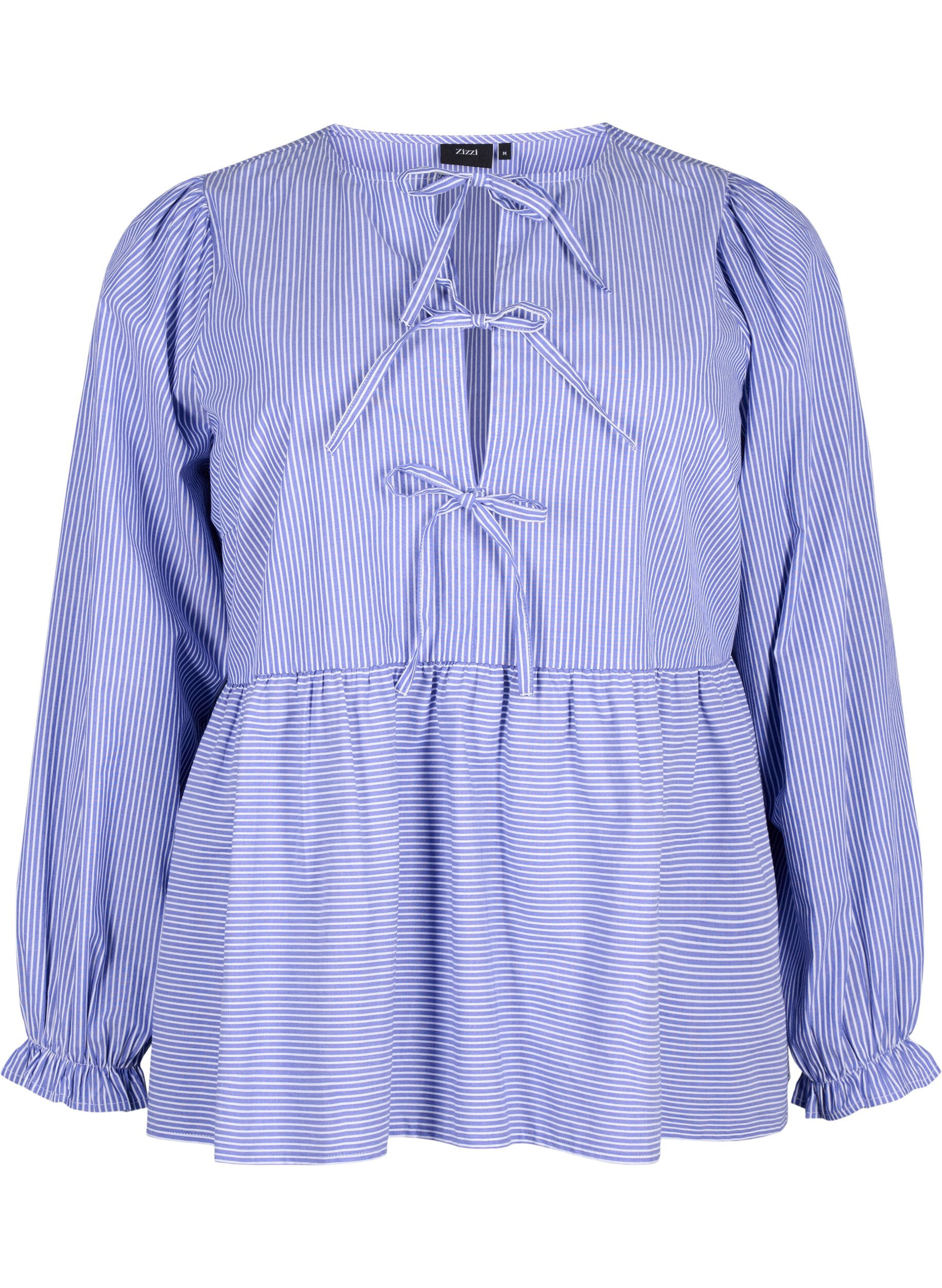 ZizziRaidallinen puuvillapusero rusettiyksityiskohdalla, Baja Blue Stripe, Packshot image number 0