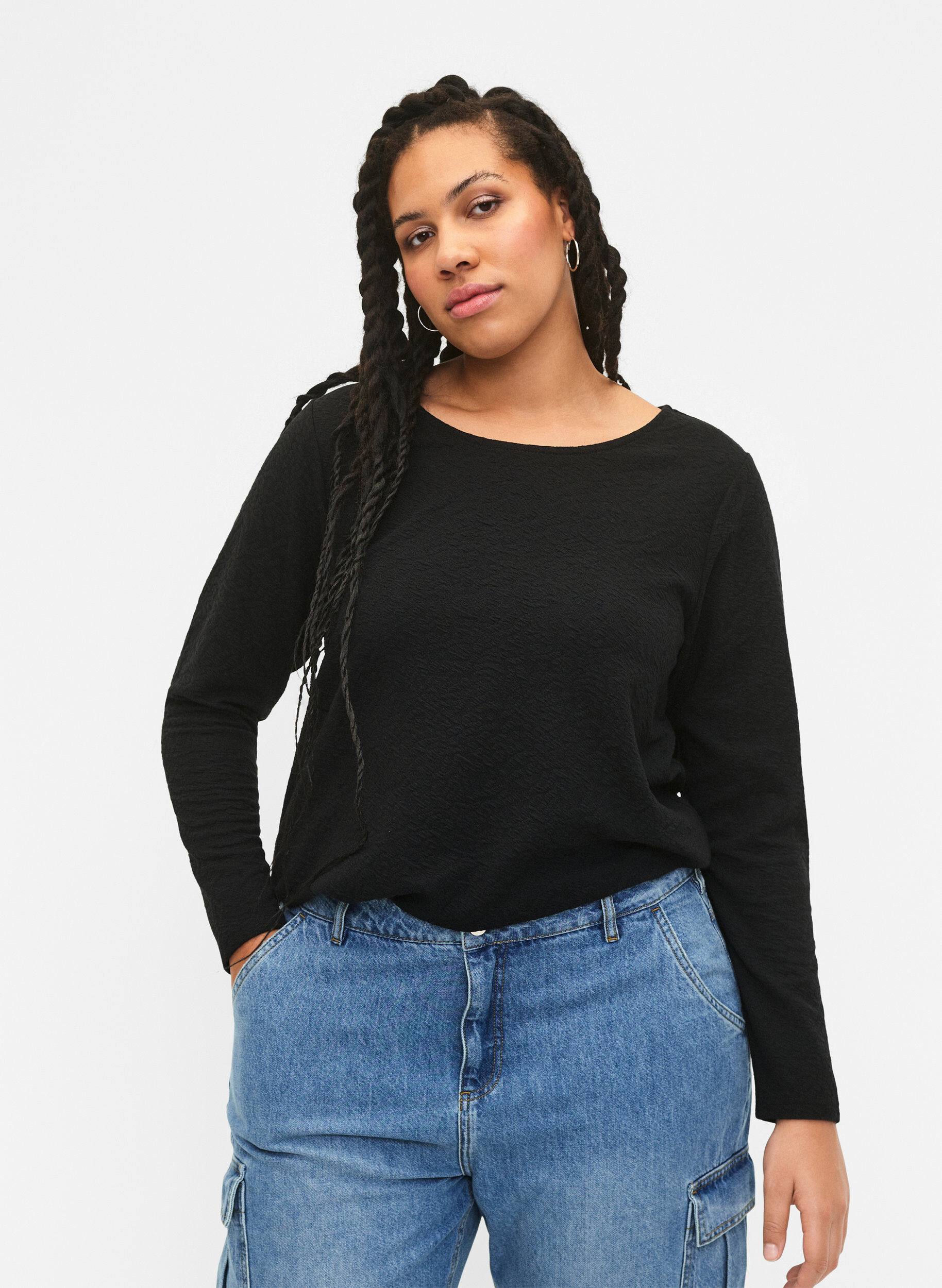 Zizzi Pitk&auml;hihainen kuvioitu pusero, Musta, Model image number 3