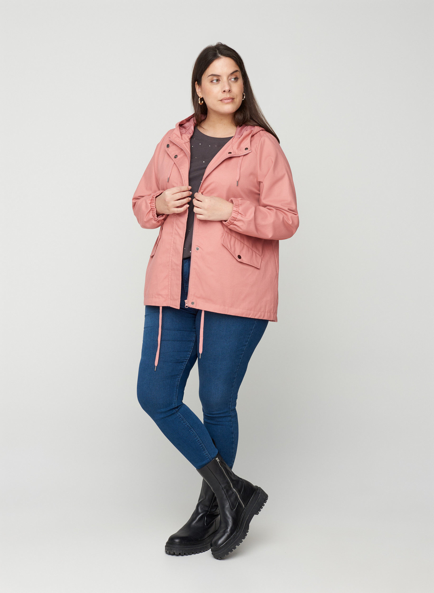 Zizzi Lyhyt takki hupulla ja taskuilla, Ash Rose, Model image number 2
