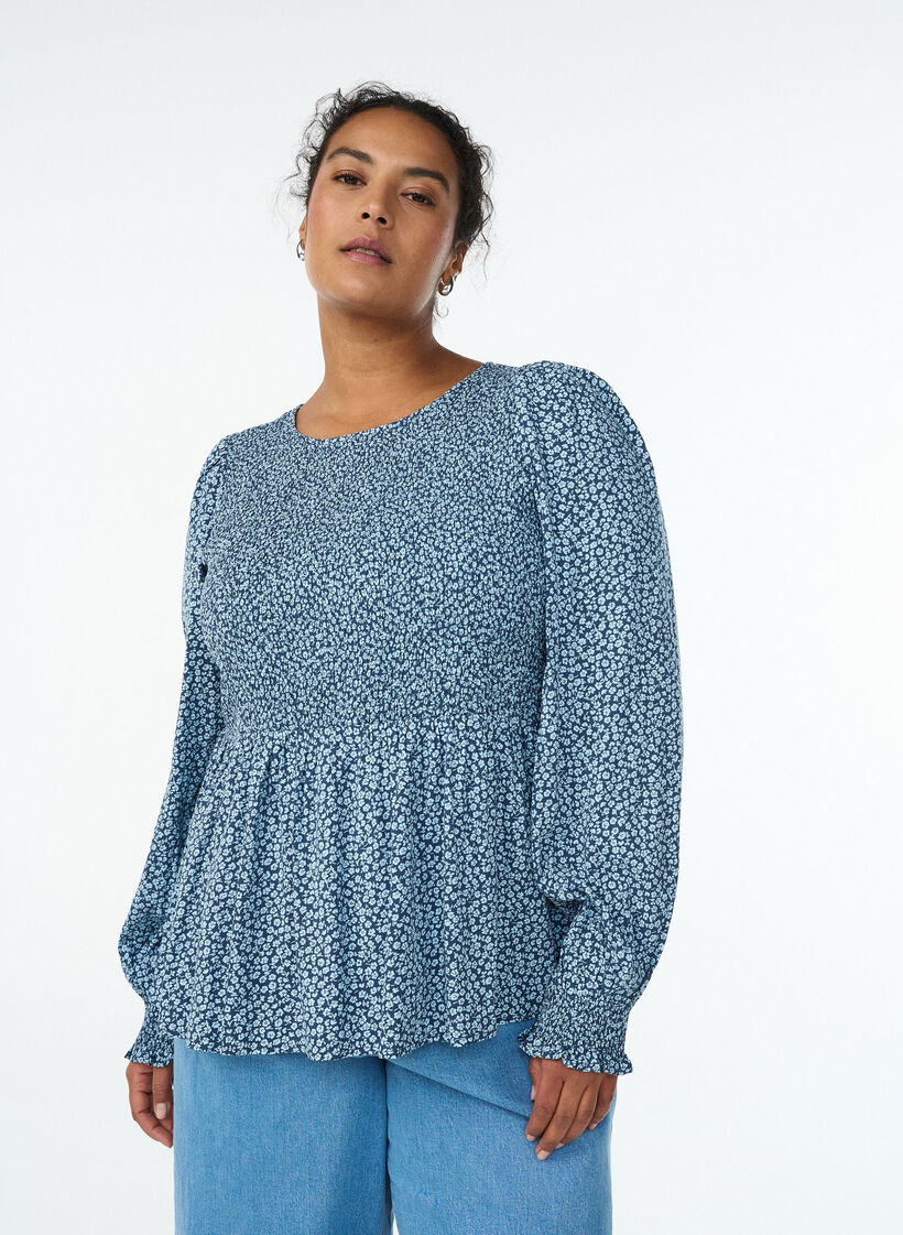 Pusero kuminauhayl&auml;osalla ja kukkakuosilla, Sininen, Model image number 0