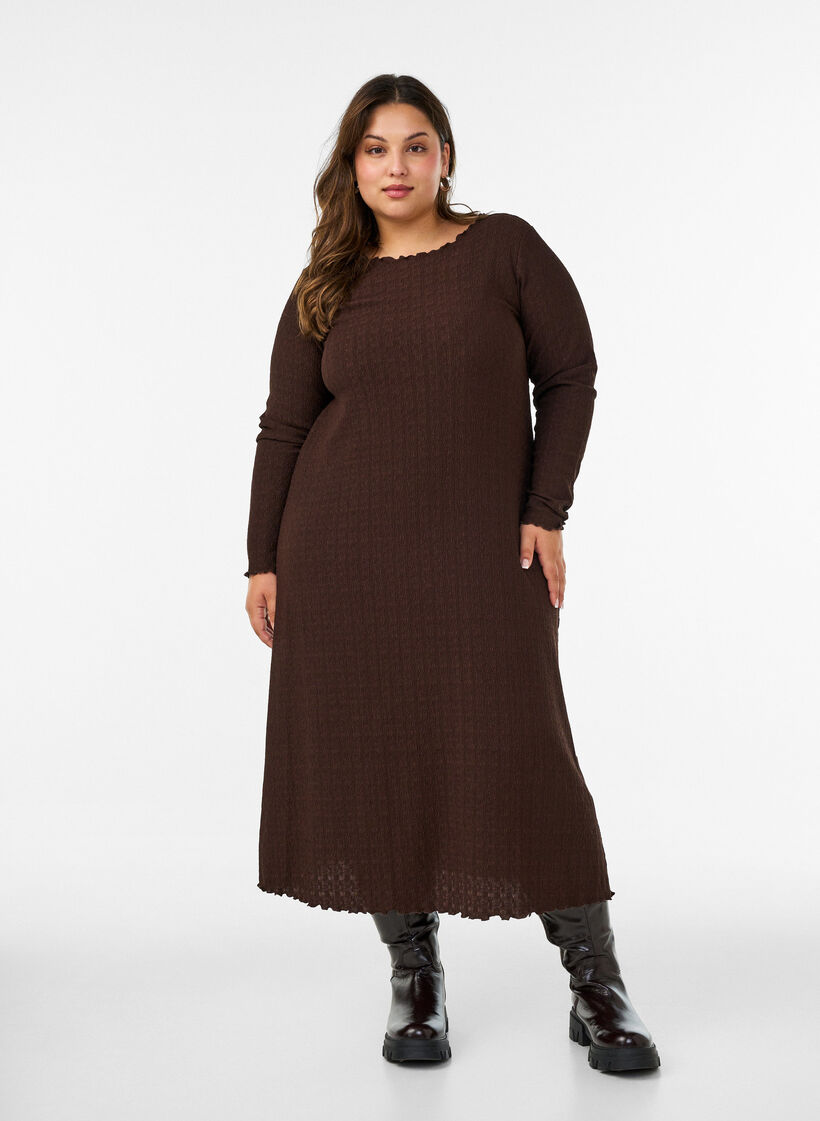 Midimekko aaltoilevalla tekstuurilla ja pitkill&auml; hihoilla, Ruskea, Model image number 1