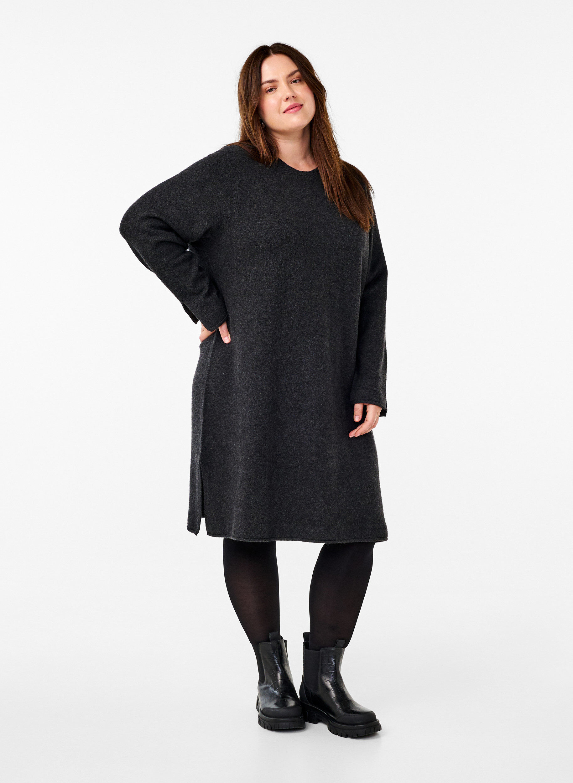 Zizzi Neulemekko py&ouml;re&auml;ll&auml; kaula-aukolla ja halkiolla, Dark Grey Melange, Model image number 2
