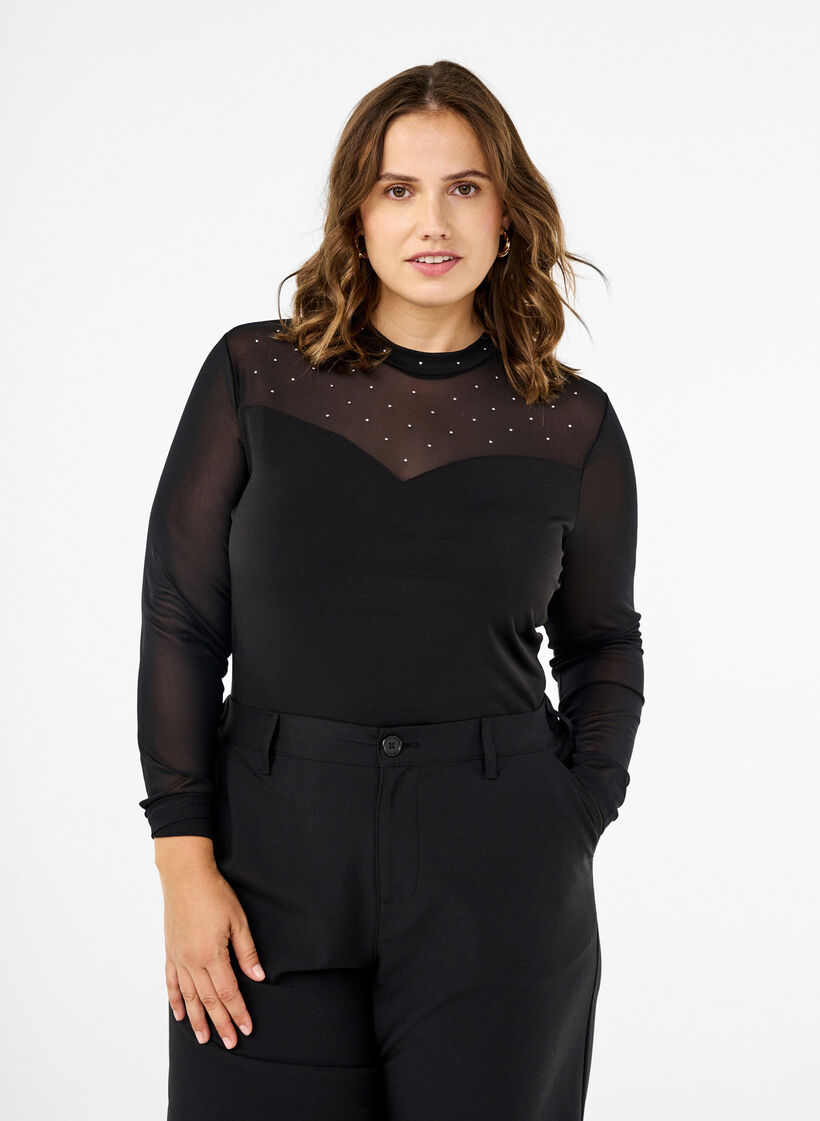 Bodystocking niiteillä ja pitkillä meshj -hihoilla, Black, Model image number 0