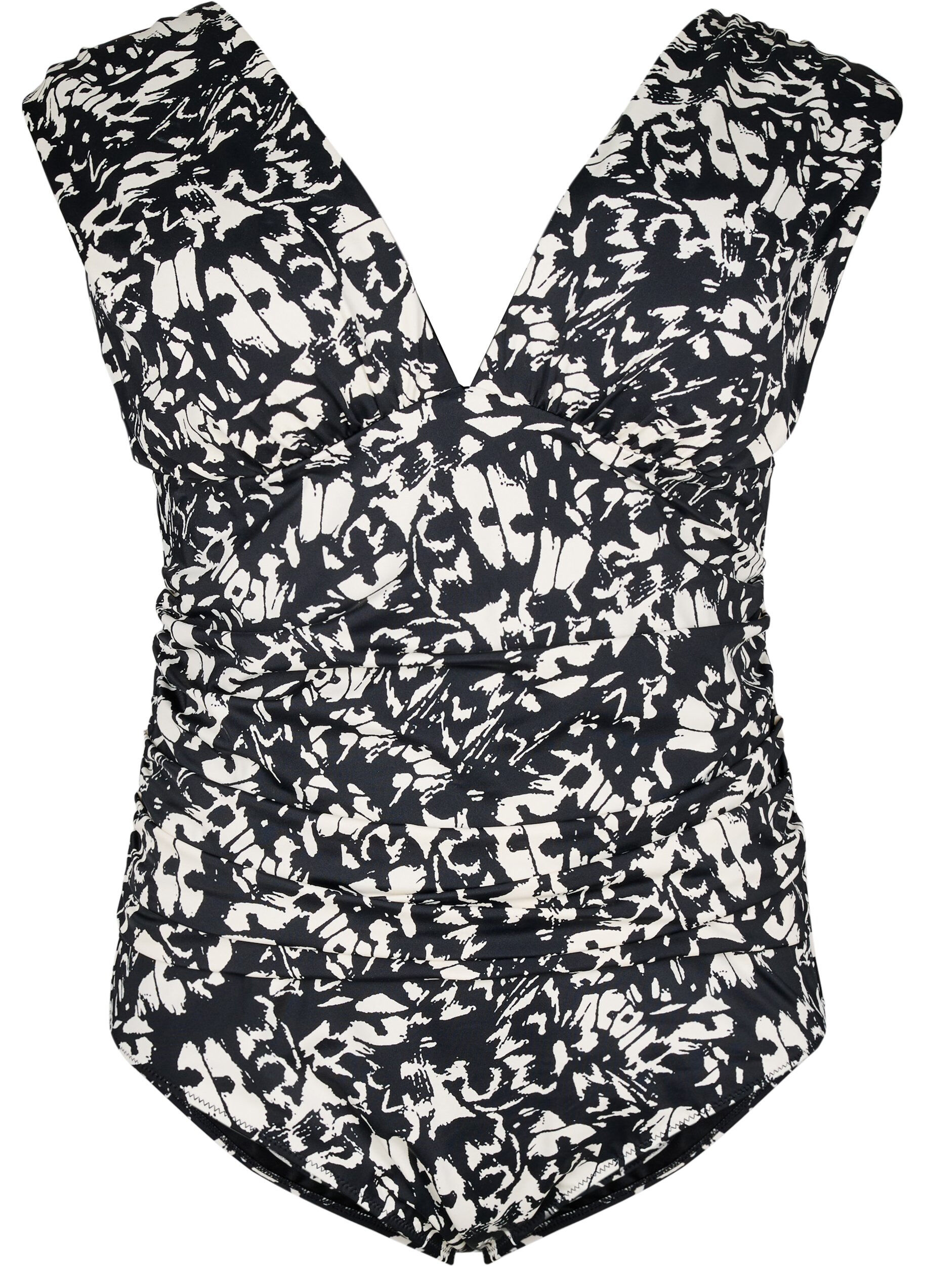 Kuvioitu uima-asu syv&auml;ll&auml; V-p&auml;&auml;ntiell&auml;