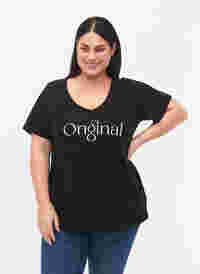 Puuvillainen t-paita tekstiprintillä ja v-pääntiellä, Black ORI, Model