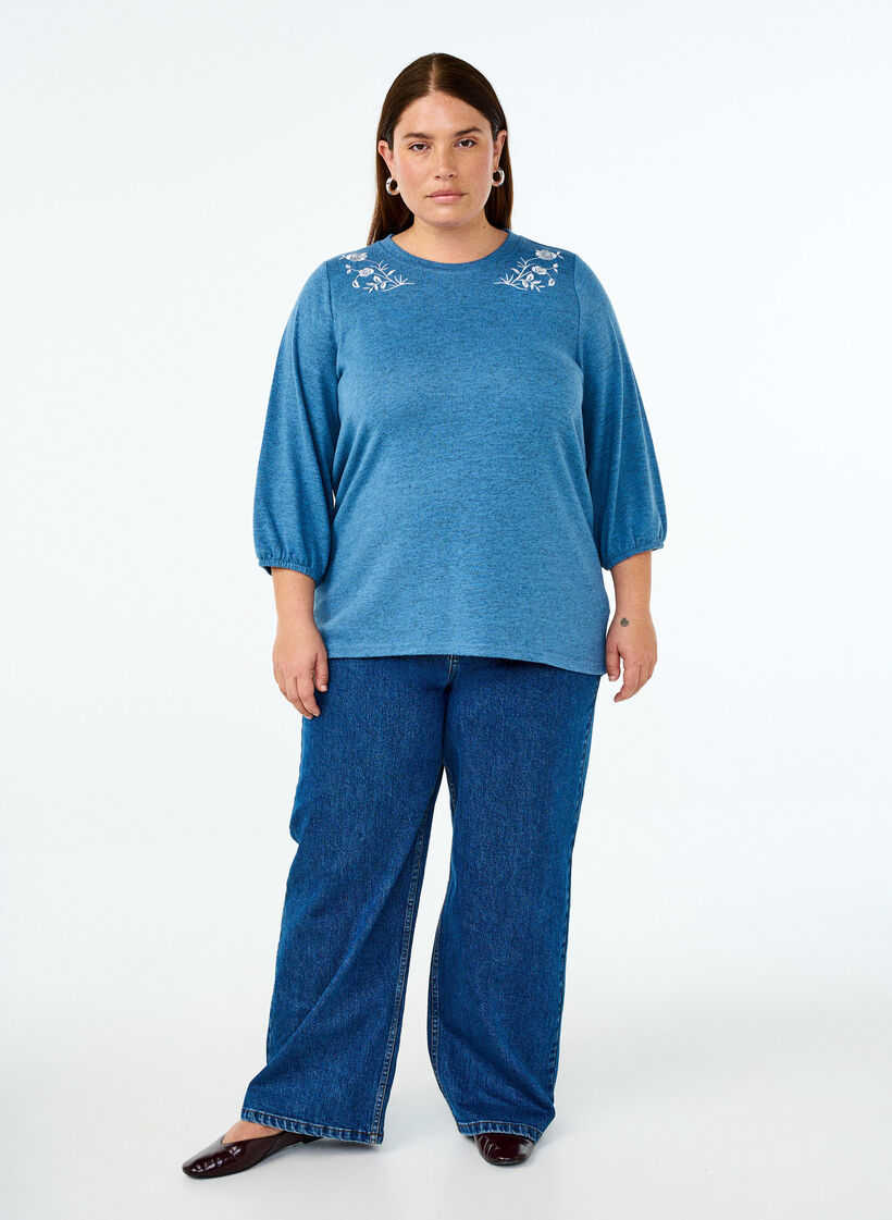 Kukkakirjailtu pusero ja 3/4-hihat, Copen Blue Melange, Model image number 2